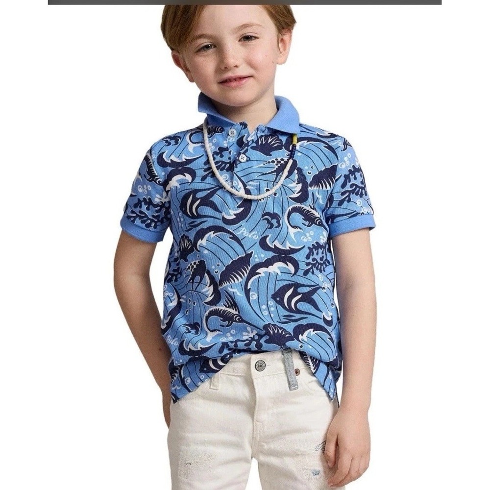 Polo Ralph Lauren Polo Shirt Boys‎ Sz M 10-12 Reef Print Cotton Mesh